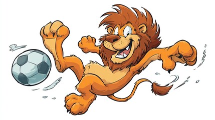 Animated lion kicks a soccer ball, depicted with a wide grin and energetic pose, against a white background