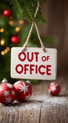 Festive Out of Office: A charming Out of Office sign hangs amidst holiday ornaments and a twinkling Christmas tree, perfectly capturing the essence of seasonal respite and cheerful closure.