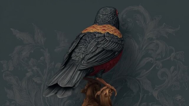 Bird with black head and wings, perched on a branch against a decorative wall pattern