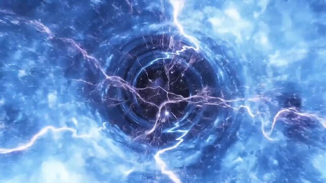 Vortex of electrifying cosmic energy, an abstract journey through a swirling wormhole of light and power, depicting quantum mechanics and temporal distortion