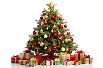 Photo of a beautifully decorated christmas tree adorned with red and gold ornaments and a star topper, surrounded by numerous wrapped gifts, isolated on a clean white background