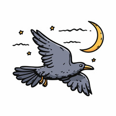 Fototapeta premium Handdrawn Outline Flying Crow at Night with Moon and Stars Illustration