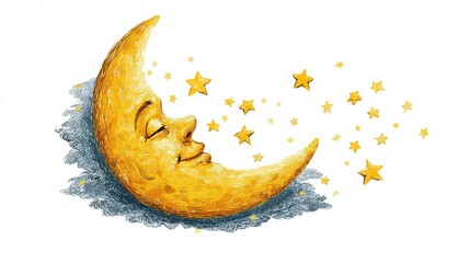 A crescent moon with a peaceful face, surrounded by small, shining stars, against a white background