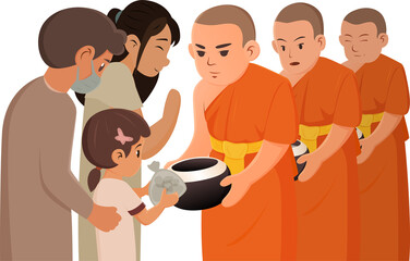 family making merit by offering alms to a group of monks. cartoon illustration design.
