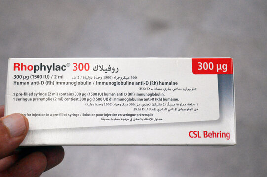 Cairo, Egypt, September 16 2025: Human anti-D (Rh) immunoglobulin Rhophylac 300 &mu;g micrograms 1500 IU for IV or IM injection for prevention of Rh(D) immunization in Rh(D) negative women prophylaxis