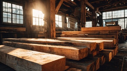 Obraz premium Sunlit Interior of a Rustic Lumber Mill, Wooden Beams, Warm Tones, Industrial Heritage.
