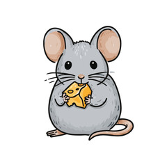 Cartoon Cute Little Mouse Holding Cheese Slice Animal Character Illustration