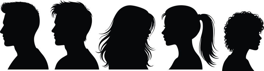 Silhouette profile of diverse men and women heads side view hairstyle people face outline isolated vector illustration icon design
