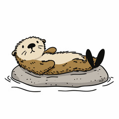Cute Cartoon Otter Relaxing On A Rock Floating In Water Illustration