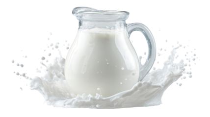 Glass pitcher of milk splashing isolated on transparent background