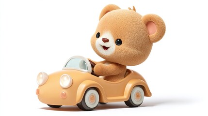 Cute teddy bear in a pastel-yellow car