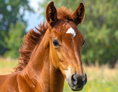 Young Chestnut Foal Portrait in a Sunny Meadow