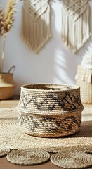 Fototapeta premium Bohemian Home Decor Blank Woven Basket Mockup on Earthy Minimalist Floor