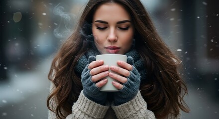 Woman drinking hot beverage outdoors winter
