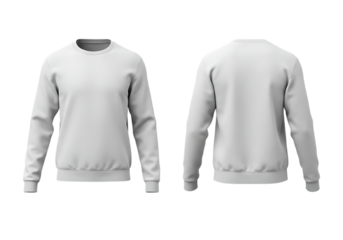 White blank long-sleeved crewneck sweatshirt, front and back view, isolated on transparent background.