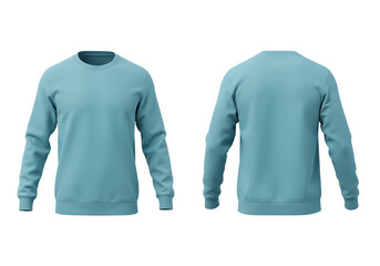 Teal Blue Men's Round Neck Sweatshirt Front and Back View, Isolated on Transparent Background

