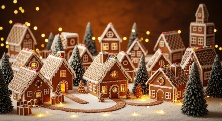 Obraz premium Gingerbread Christmas Village with Decorated Houses and Pine Trees in Warm Light
