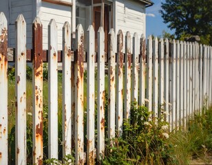 Obraz premium Weathered White Picket Fence with Rust, Greenery, and a Glimpse of a House.