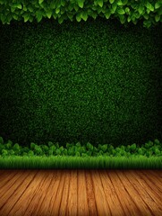 Lush green foliage forms a backdrop against a wooden floor, creating a serene and vibrant scene.