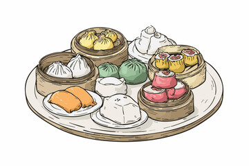 Handdrawn Delicious Assorted Dim Sum Cuisine Culinary Collection Illustration