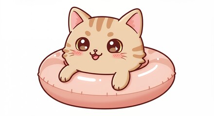 Cartoon kitten floating in pink ring isolated on white background for design