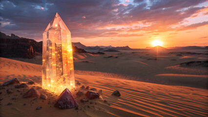 Giant glowing crystal tower stands in desert landscape at sunset with dramatic clouds full hd 4k stock image download