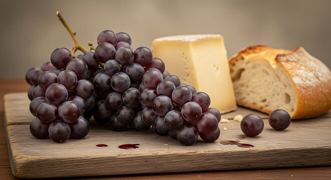 A rustic still life arrangement of fresh red grapes, a wedge of cheese, and crusty bread on a wooden board.