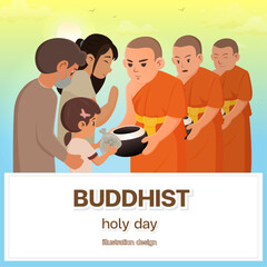 A poster of a family making merit by offering alms to a group of monks. cartoon illustration design.