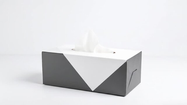 A hand reaching into a gray and white tissue box