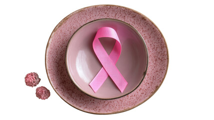 Pink Ribbon on Plate on white background
