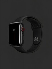 Black smartwatch with a sleek design on a dark background displaying the time twelve