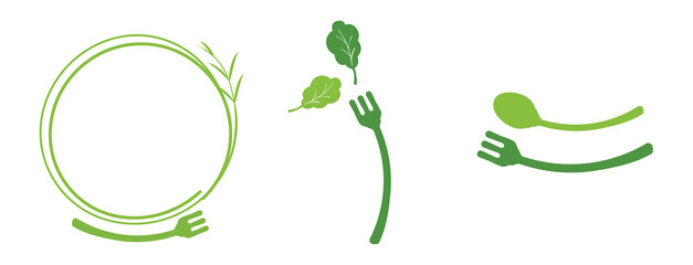 Healthy food logo signs. Rice plant crcle logo, fork, spoon, and vegetable set vector. Organic food. 