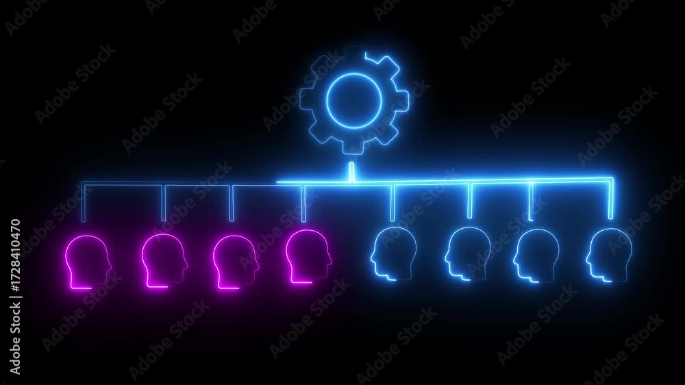 Poster neon line man settings icon, user setting icon neon line and black background, social development gl