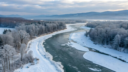 Aerial view of a partially frozen river winding through snow-covered forests and hills under a cloudy sky full hd 4k stock image download
