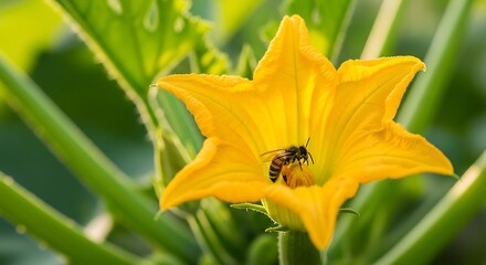 A honey bee gathers nectar from inside a vibrant yellow zucchini blossom.