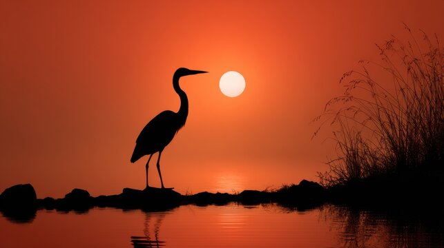 Silhouette of heron at sunset