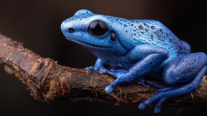 A bright blue frog, speckled with black spots, perched on a brown branch, with large, dark eyes