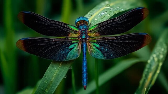 Detailed macro shot of a vibrant blue dragonfly on a green leaf with water droplets