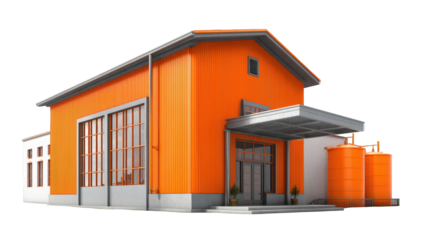 3D model of an orange building with a wide porch and tanks