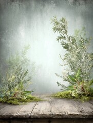 A still life scene depicts delicate foliage and lush greenery nestled on a weathered wooden surface, bathed in a soft, misty light.