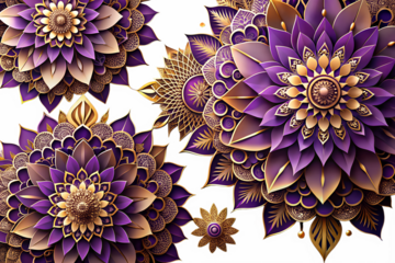 Photo of intricate purple and gold mandala flower patterns, detailed floral design, ornamental background, artistic and decorative isolated on transparent background