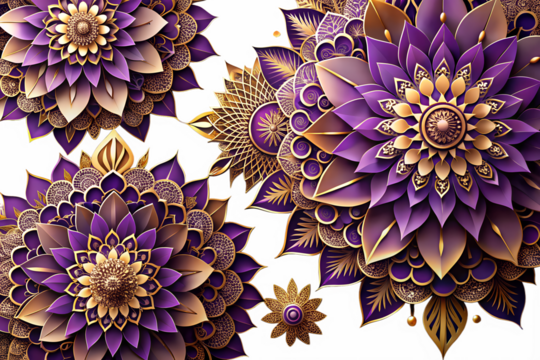 Photo of intricate purple and gold mandala flower patterns, detailed floral design, ornamental background, artistic and decorative isolated on transparent background