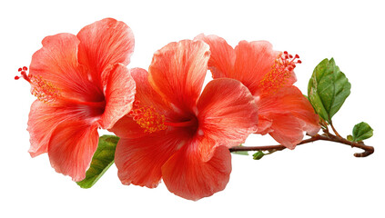 Close-up of three vibrant coral hibiscus flowers