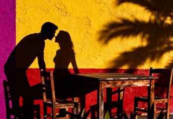 Romantic Sunset Silhouette: The passionate embrace of a couple, their shadows dancing against the vibrant, sunlit backdrop of a restaurant terrace, weaving a tale of love and intimacy.