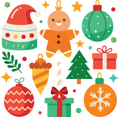 Obraz premium Vector art of a cheerful assortment of flat design christmas elements, featuring a gingerbread man, santa hat, christmas tree, gift boxes, and ornaments, isolated on a