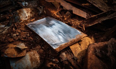 Rusty metal scraps with a sheet of reflective metal