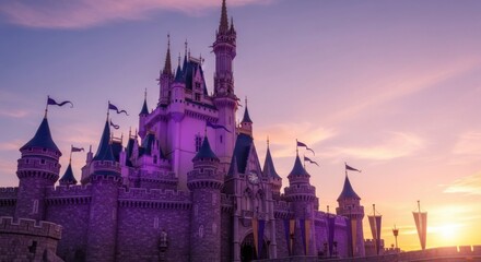 Fototapeta premium Fairy Tale Castle with Purple Lighting and Sunset Sky