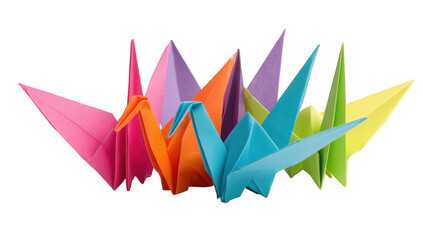 Colorful origami cranes clustered together
