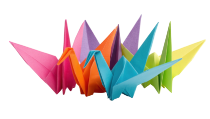 Colorful origami cranes clustered together