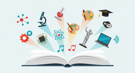 Open book with science art music and technology icons floating above it on a light blue background created with generated ai